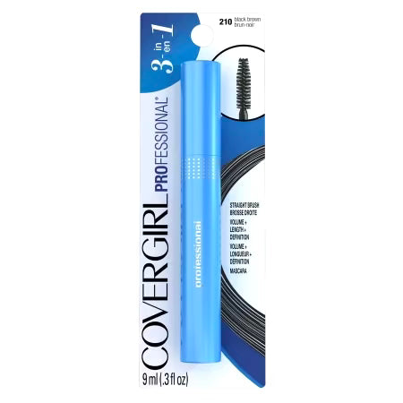 CoverGirl Professional 3-in-1 Mascara Straight Brush, Black Brown 210, 0.3 fl oz