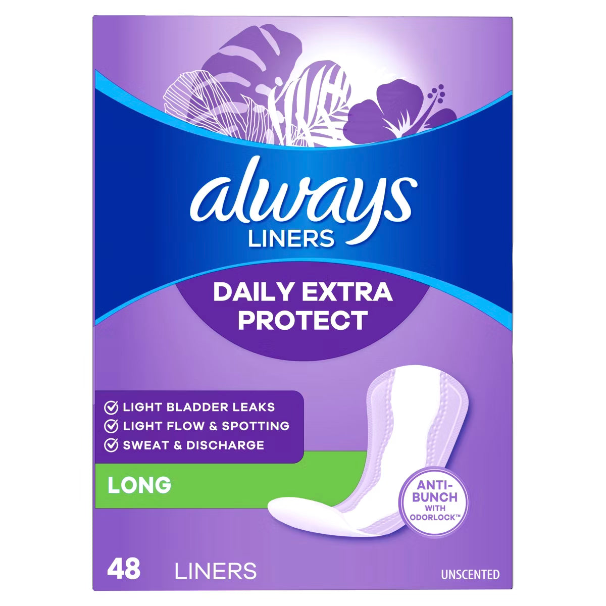 Always Anti-Bunch Xtra Protection Liners Long- 54ct Bonus Size Box