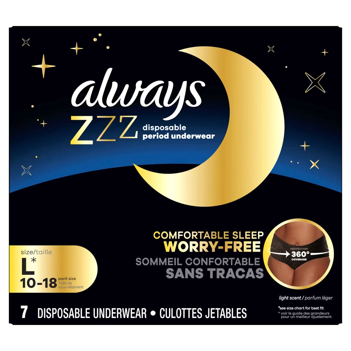 Always ZZZ Overnight Disposable Period Underwear Size L (Pant size 10-18) 7 Count