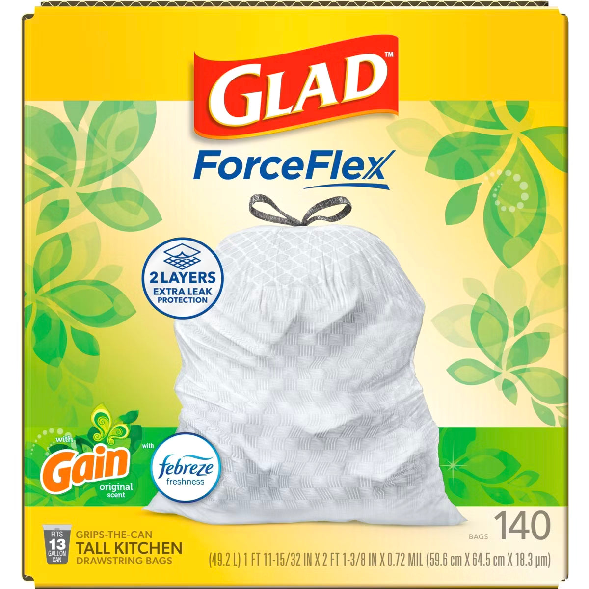 Glad ForceFlex Drawstring Trash Bags - Gain Original - 13gal/140ct