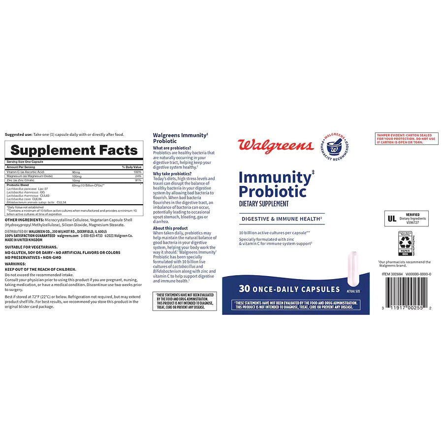 Walgreens Daily Immunity Probiotic Capsules with Vitamin C, 30.0 ea