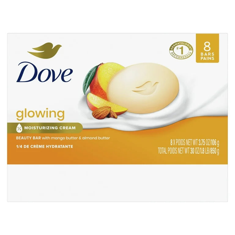 Dove Moisturizing Gentle Beauty Bar Soap for All Skin Type Glowing Mango & Almond Butter, 3.75 oz (8 Bars)