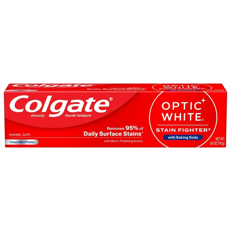 Colgate Optic White Stain Fighter Teeth Whitening Toothpaste with Baking Soda, Clean Mint, 6 oz Tube