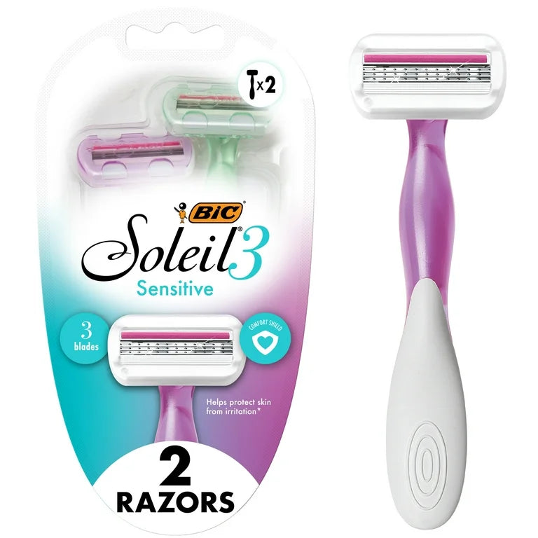 BIC Soleil Sensitive Women's Disposable Razors, 3 Blades, 2 Piece Manual Shaving Razor Set