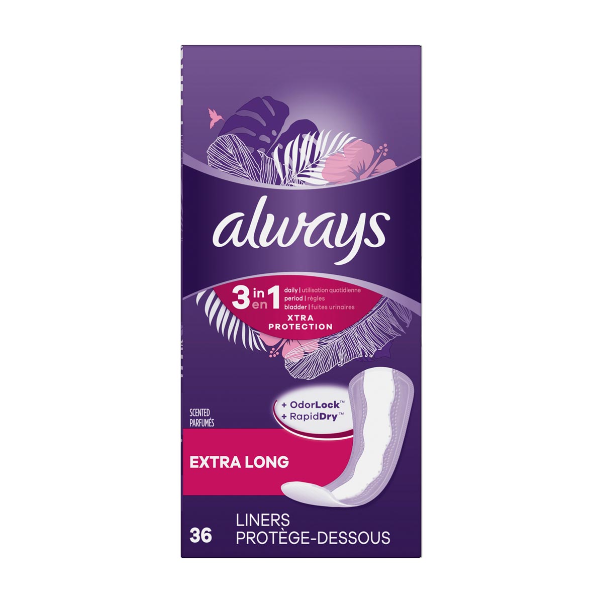 Always Xtra Protection 3-in-1 Daily Liners for Women, Extra Long, 36 ct