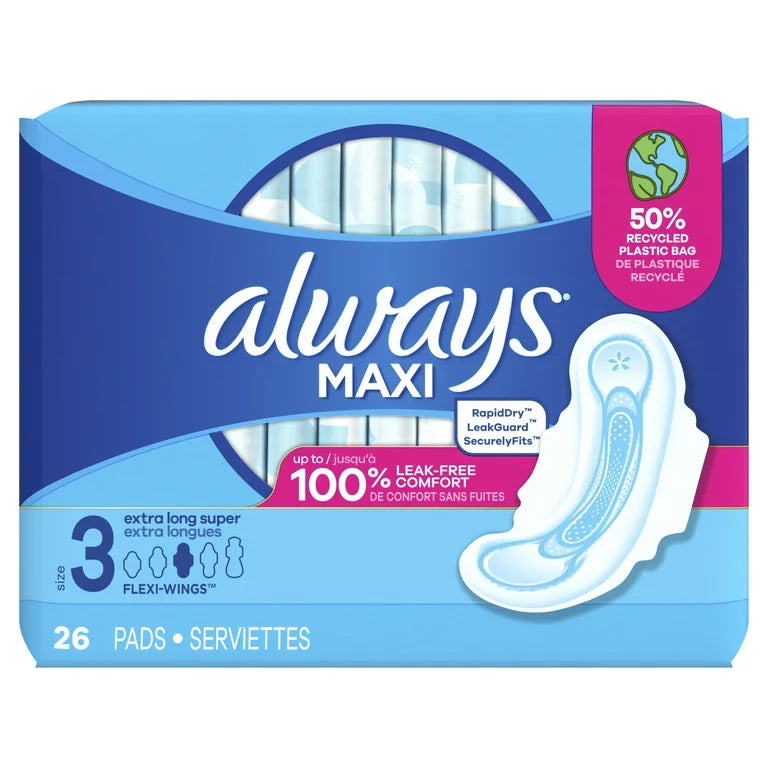 Always Maxi Pads with Wings, Size 3, Extra Long Super Absorbency, 26 Count