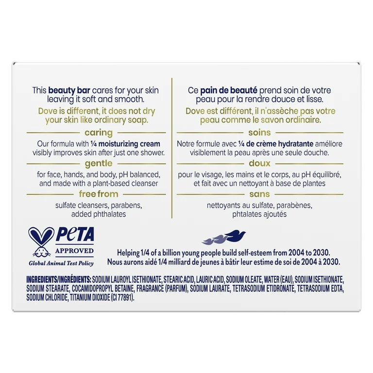 Dove Beauty Bar Soap for Women Original with 1/4 Moisturizing Cream All Skin, 2.6 oz