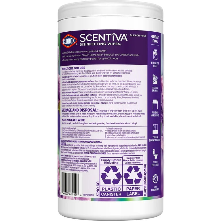 Clorox Scentiva Disinfecting Wipes, Lavender and Jasmine, 75 Count