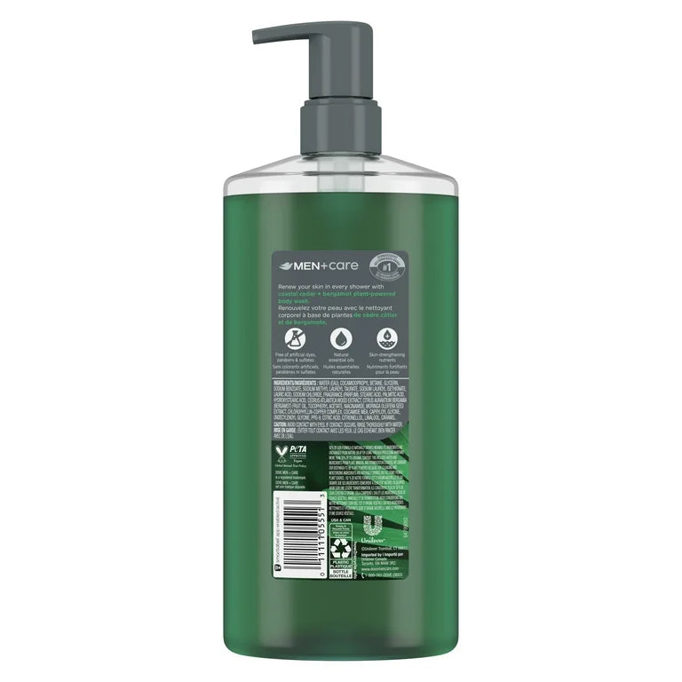 Gel de ducha hidratante Dove Men+Care para hombre, limpiador vegetal Coastal Cedar, 26 oz