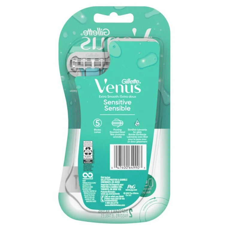 Venus Extra Smooth Sensitive Women's 5 Blade Disposable Razor, 2 count, Blue
