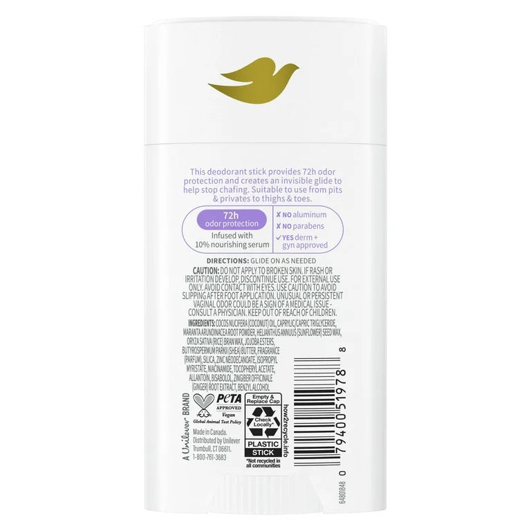 Dove Whole Body Deo Anti-Chafe Deodorant Stick Coconut & Vanilla Aluminum Free, 2.6 oz