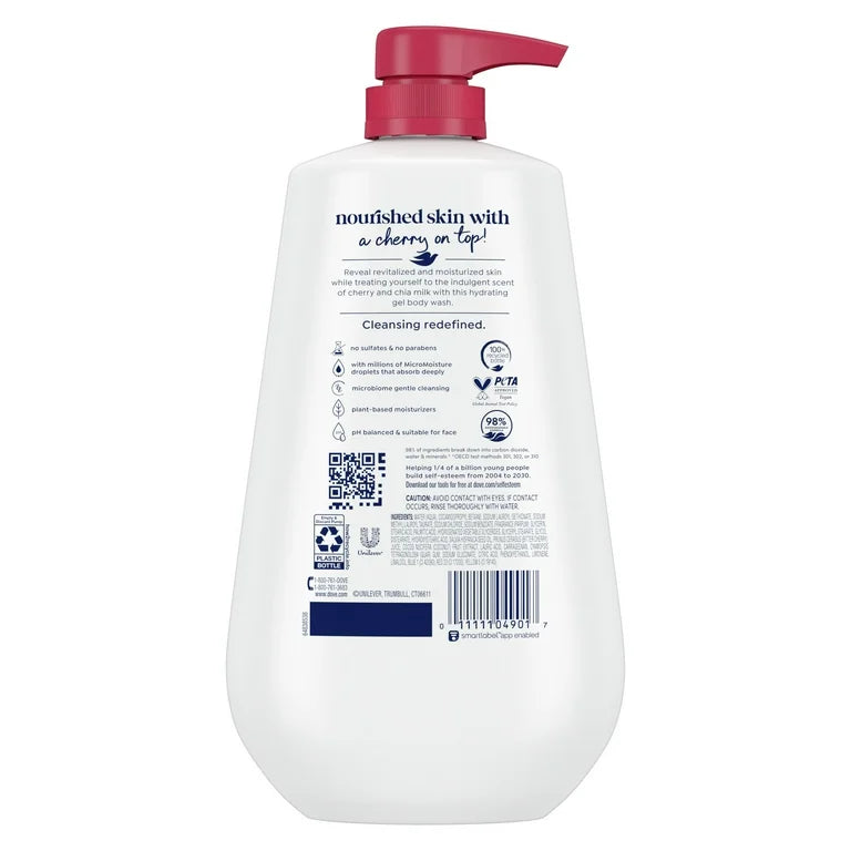 Dove Body Wash for Women Moisturizing Revitalizante Cherry & Chia Milk, All Skin, 30.6 oz with Pump