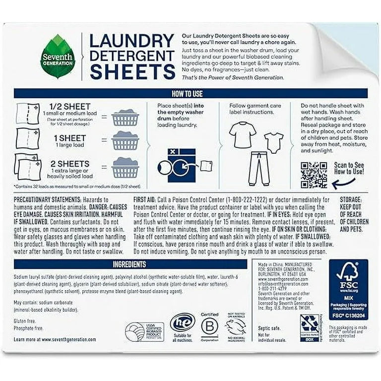 Seventh Generation Laundry Detergent Sheets - Free & Clear - 32ct 64 Loads