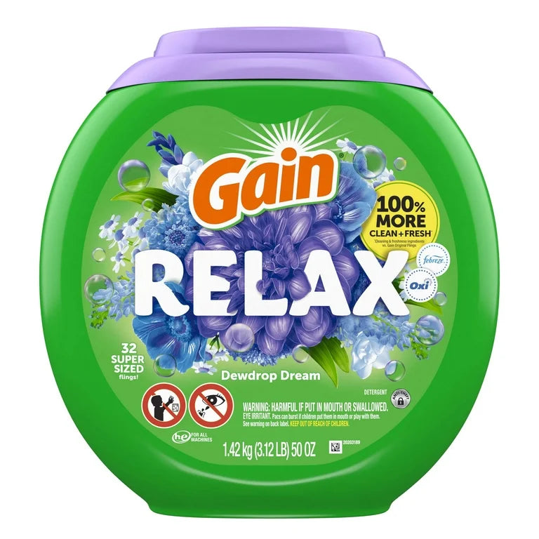 Gain Relax Super-Sized Flings Laundry Detergent Packs, Dewdrop Dream Scent, 32 Count