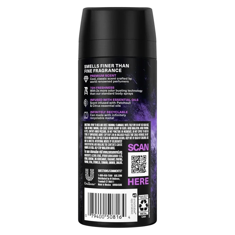 Axe Fine Fragrance Premium Deodorant Spray for Men Purple Patchouli Citrus + Oak Essential Oils, 4 oz