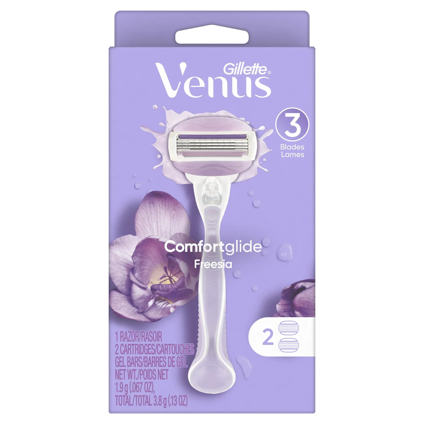 Gillette Venus ComfortGlide Freesia 女士刮鬍刀手柄 + 2 個刀片補充裝，紫色