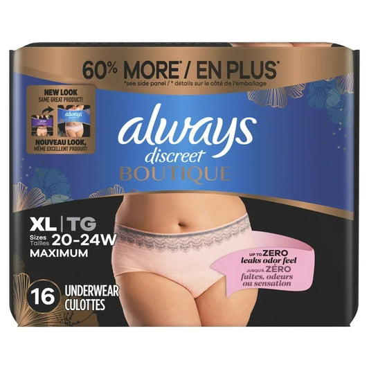 Always Discreet Boutique Incontinence Underwear, Size XL, Rosy, 16 Ct