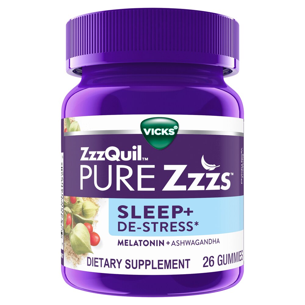 Vicks ZzzQuil Pure Zzzs Sleep + De-Stress Melatonin Gummies, 26 CT***