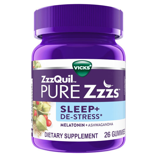 Vicks ZzzQuil Pure Zzzs Sleep + De-Stress Melatonin Gummies, 26 CT***