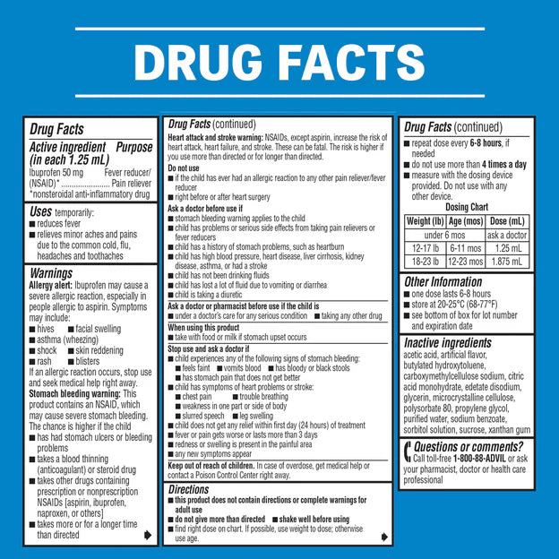 Ibuprofeno reductor de fiebre para bebés Advil, sin colorante, sabor uva blanca, 1/2 oz