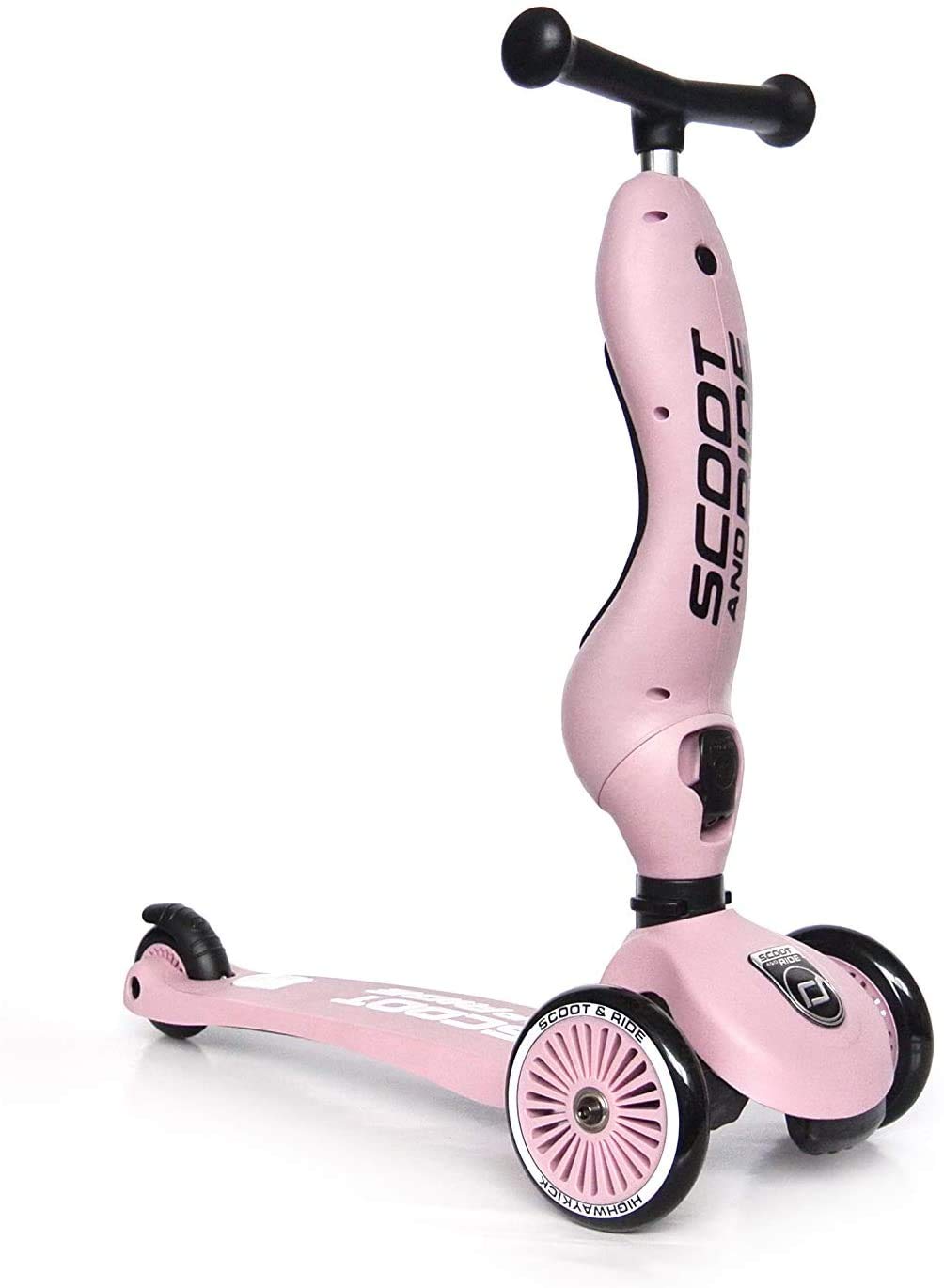 Scoot &amp; Ride - Highwaykick 1 - Patinete 2 en 1 ajustable para niños con asiento o de pie, incluye almohadillas de seguridad (rosa)