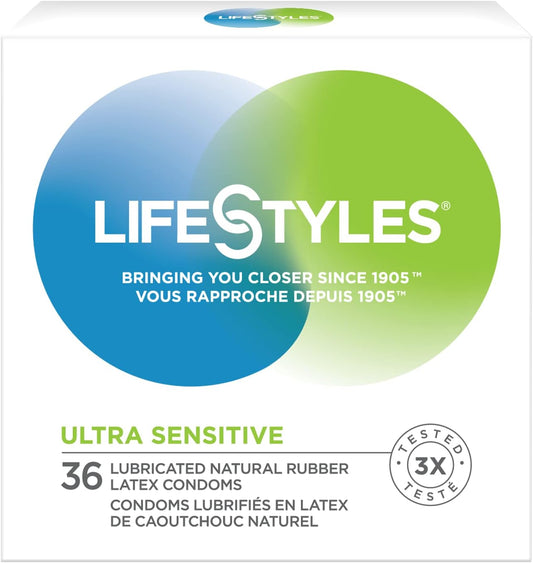 Condones ultrasensibles Lifestyles, látex lubricado, 36 unidades***