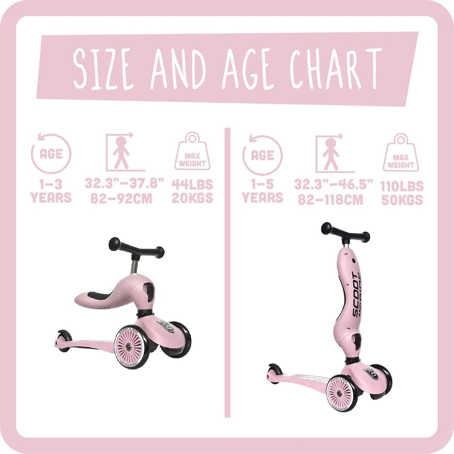 Scoot &amp; Ride - Highwaykick 1 - Patinete 2 en 1 ajustable para niños con asiento o de pie, incluye almohadillas de seguridad (rosa)