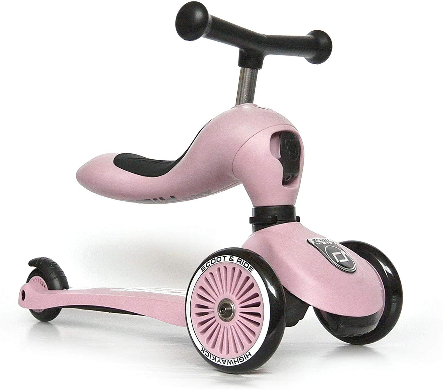 Scoot &amp; Ride - Highwaykick 1 - Patinete 2 en 1 ajustable para niños con asiento o de pie, incluye almohadillas de seguridad (rosa)