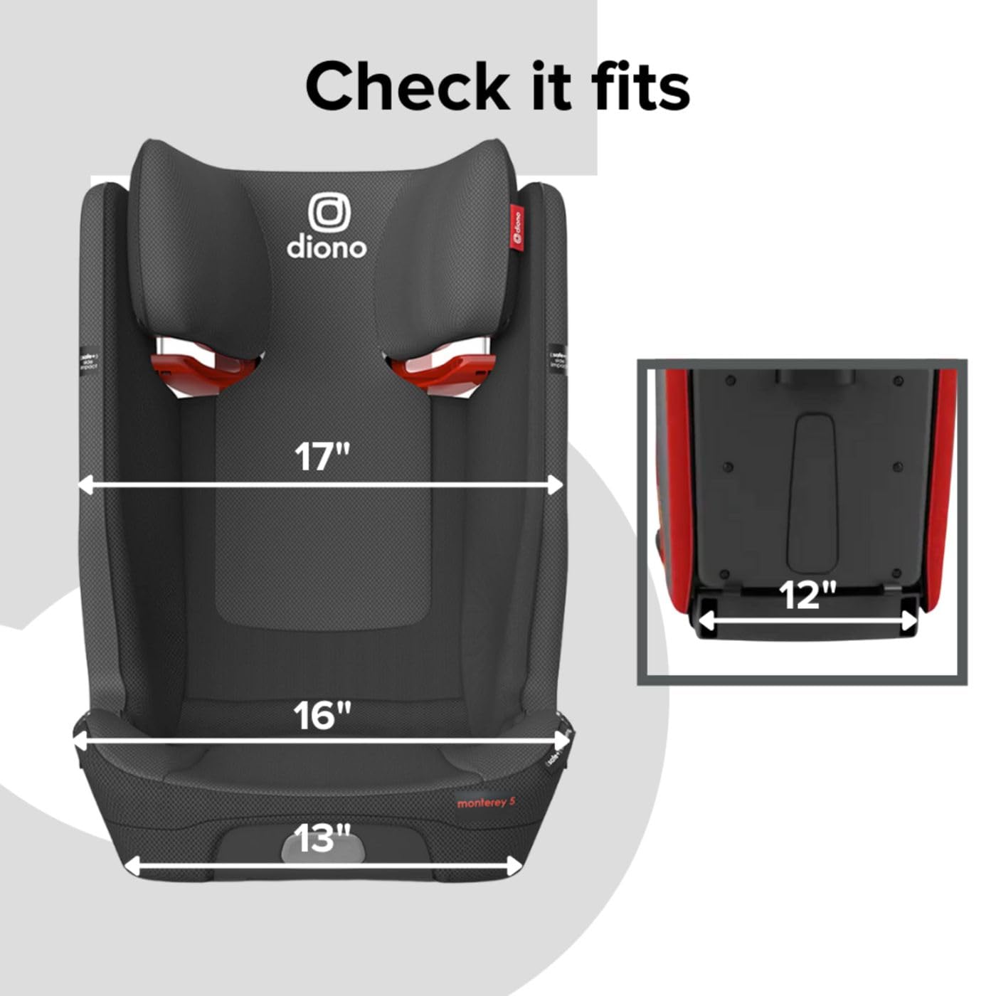 Asiento elevador para automóvil con respaldo alto y FixSafe de Diono Monterey 5iST, altura y ancho expandibles, plegado compacto a tamaño completo, asiento elevador plegable y portátil