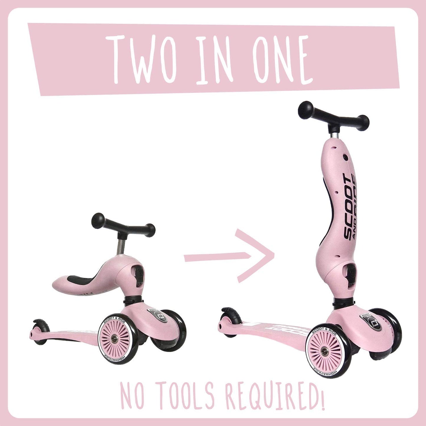 Scoot & Ride - Highwaykick 1 Children Adjustable Seated or Standing 2-in-1 Scooter Including Safety Pads (Rose)