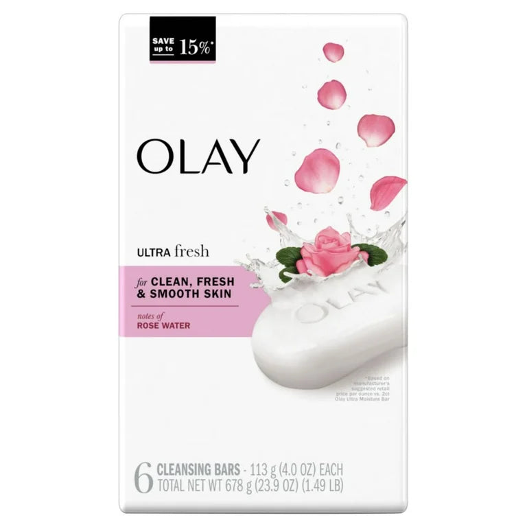 Olay Ultra Fresh Bath Bar Soap with Notes of Rosewater, 6 Bars. 4oz Each