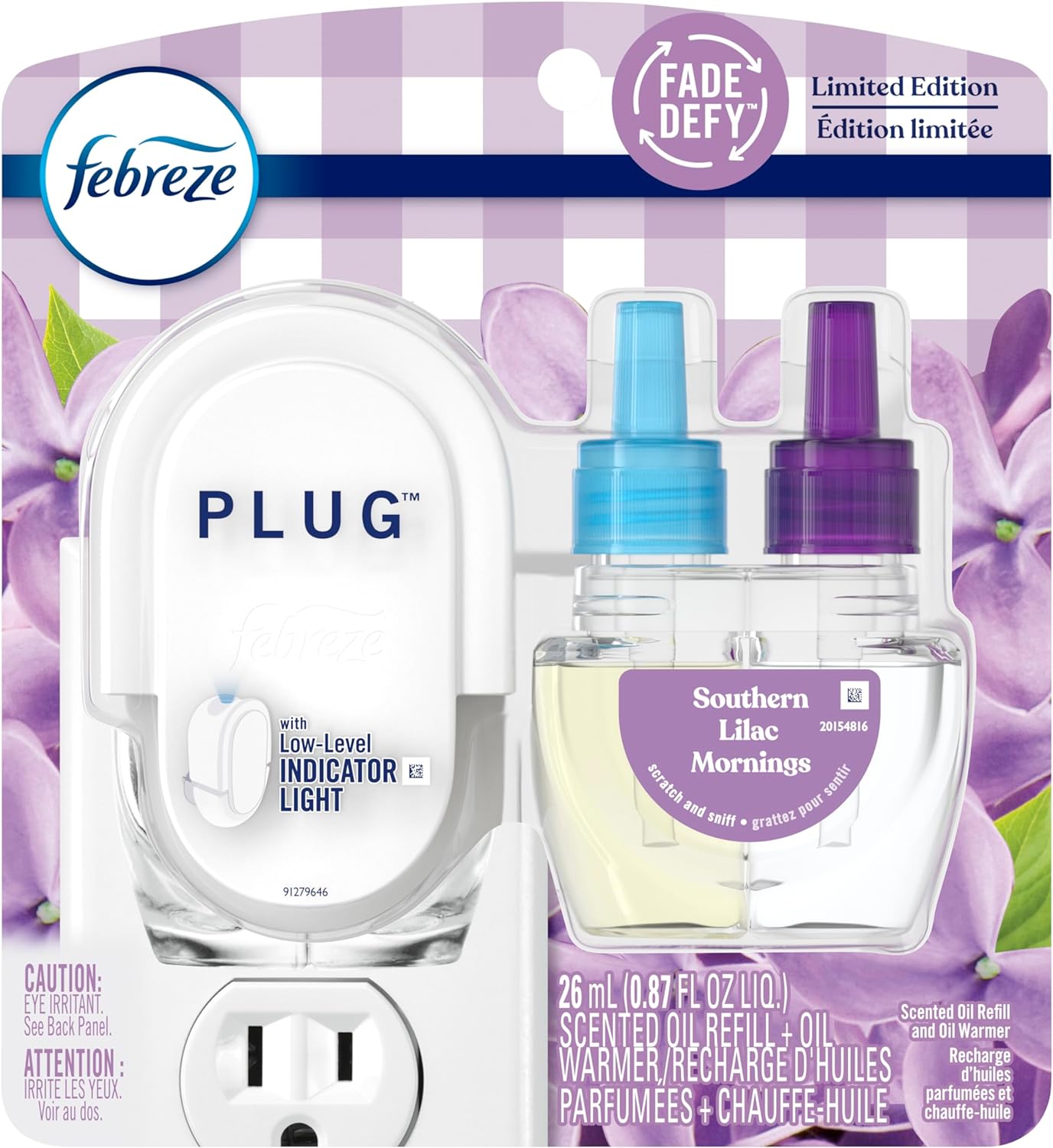 Kit de inicio de ambientador y eliminador de olores Febreze Fade Defy PLUG, recarga de aceite para calentador - Southern Lilac Mornings