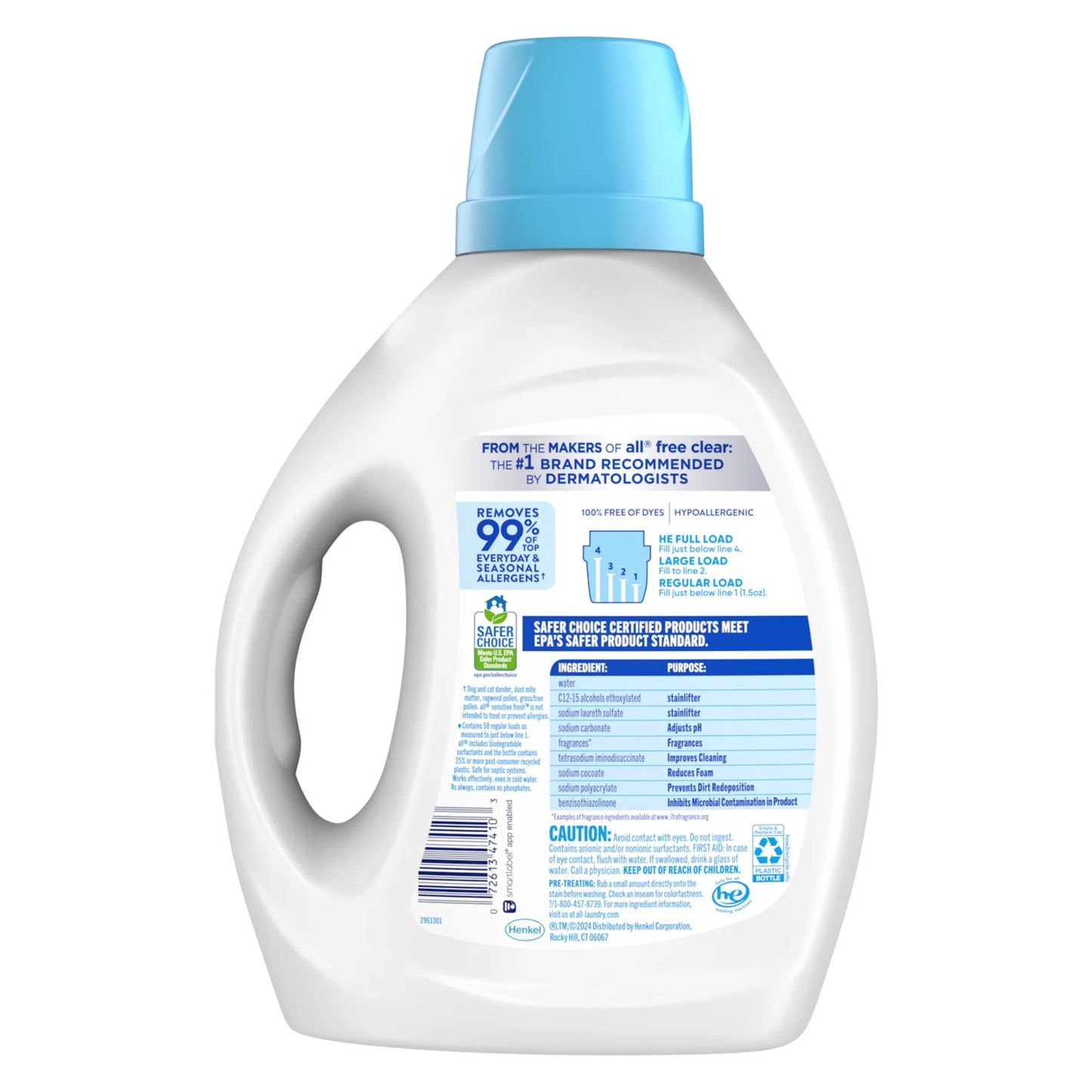 Detergente líquido para ropa All Sensitive Fresh, hipoalergénico, aroma a brisa primaveral y sin colorantes, 88 oz