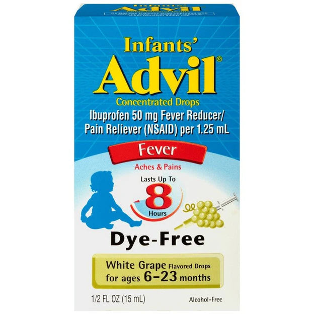 Ibuprofeno reductor de fiebre para bebés Advil, sin colorante, sabor uva blanca, 1/2 oz