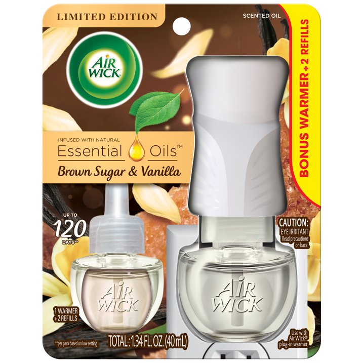 Kit de inicio de aceite aromático enchufable Air Wick (calentador + 2 recargas), azúcar morena y vainilla 