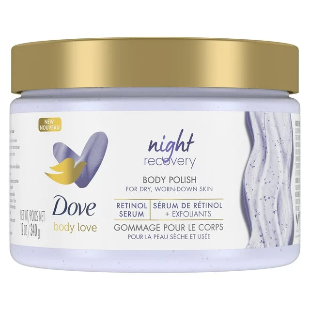 Exfoliante corporal reparador de noche Body Polish de Dove Body Love con retinol y aceites botánicos, 12 oz