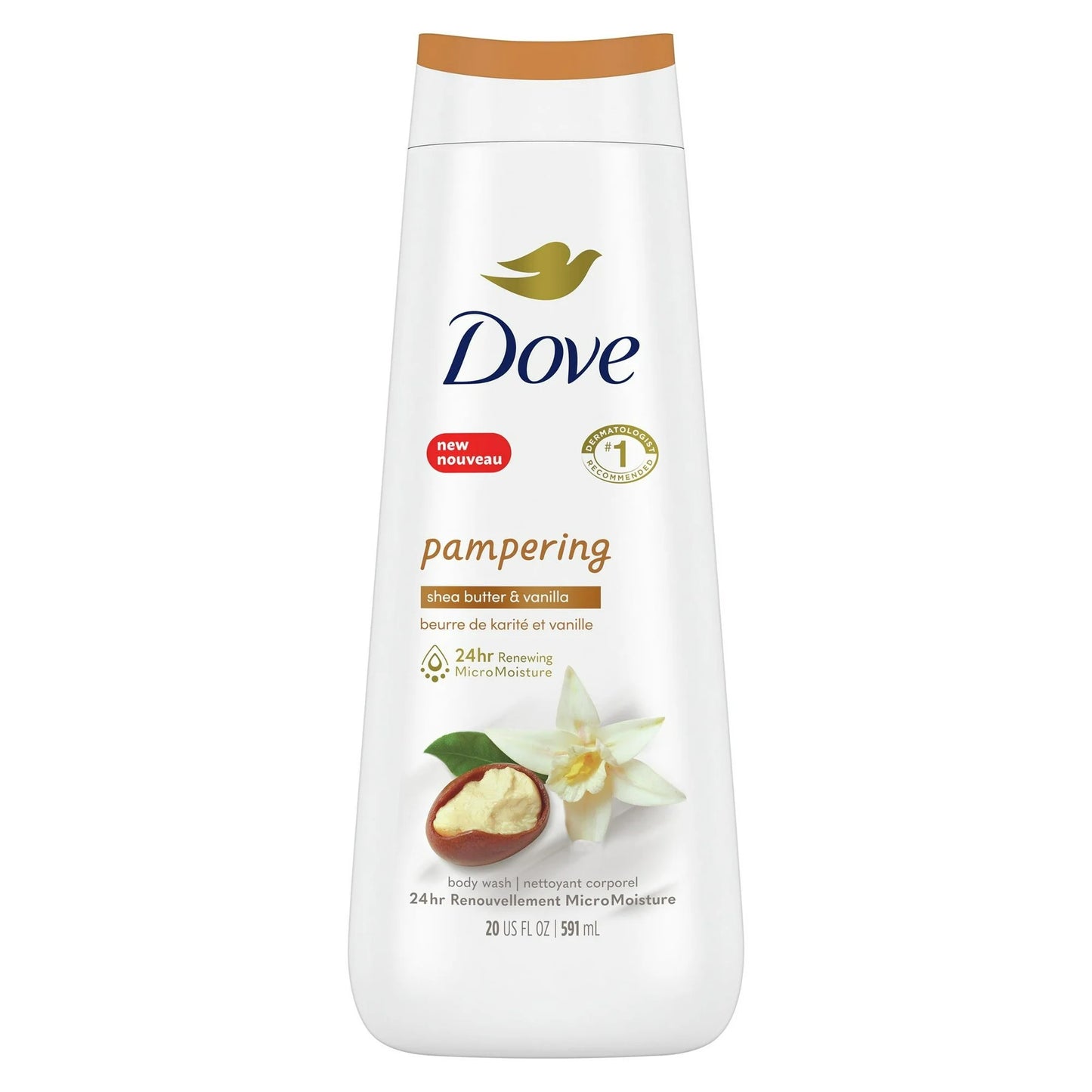 Dove Pampering Long Lasting Gentle Body Wash, Shea Butter and Vanilla, 20 fl oz