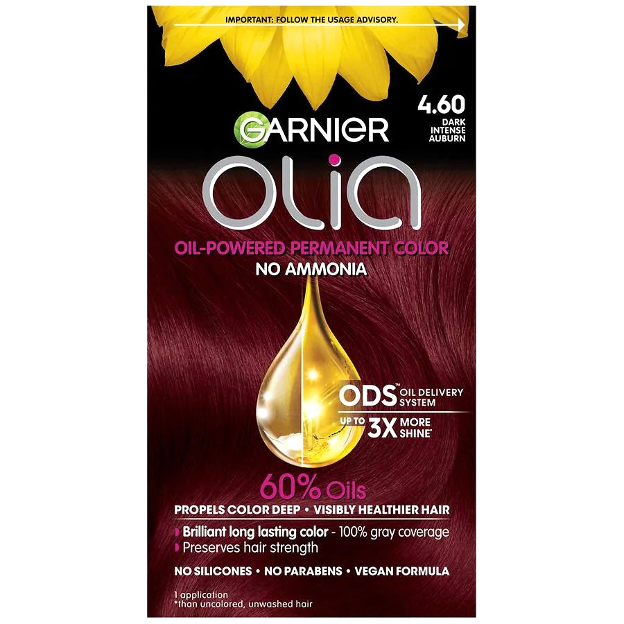 Garnier Olia Oil Powered Ammonia Free Permanent Hair Color, 4.60 Dark Intense Auburn, 1.0 set