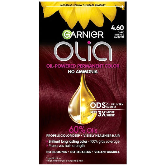 Garnier Olia Oil Powered Ammonia Free Permanent Hair Color, 4.60 Dark Intense Auburn, 1.0 set