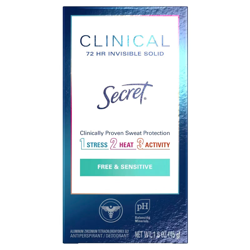 Secret Clinical Strength Invisible Solid Antiperspirant and Deodorant for Women - Free & Sensitive - 1.6oz