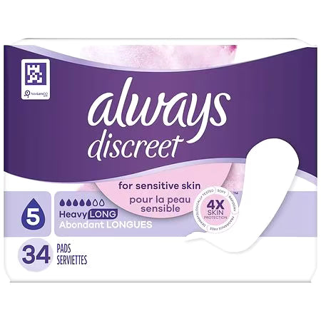 Always Discreet Pads For Sensitive Skin, Heavy Absorbency, Long 5, 34.0 ea