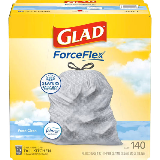 Glad ForceFlex Drawstring Trash Bags - Fresh Clean Scent- 13gal/140ct