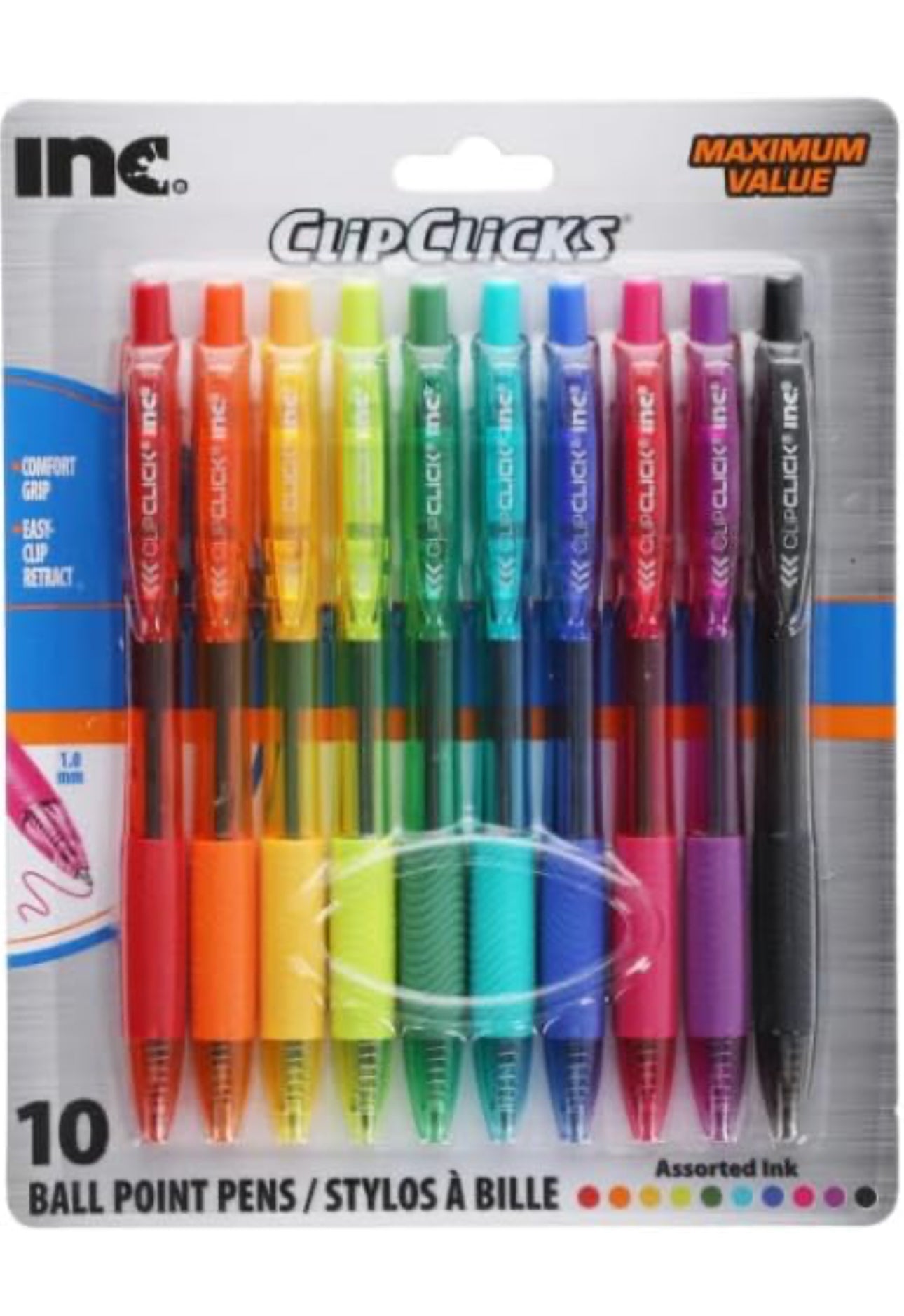 INC ClipClicks Ballpoint Pens 10 Pack Multicolored