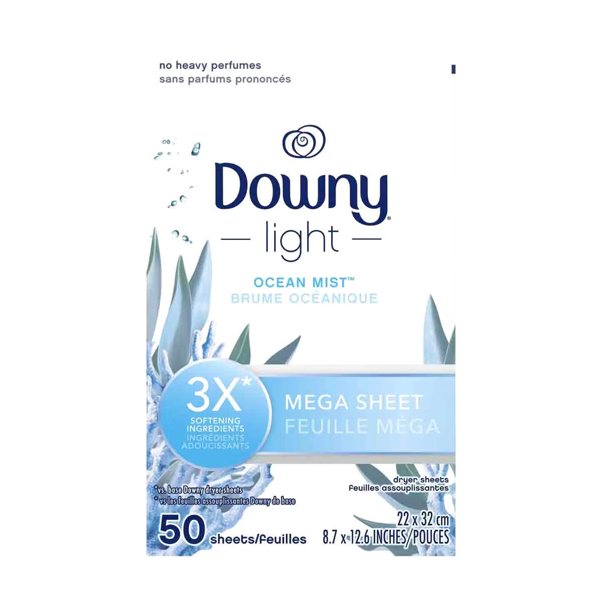 Downy Light Mega Dryer Sheets, Ocean Mist, 50 Count