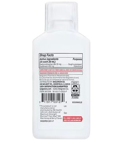 Alivio de la tos y la congestión del pecho DM de máxima potencia de Walgreens con miel y frutos del bosque, 6,0 fl oz***