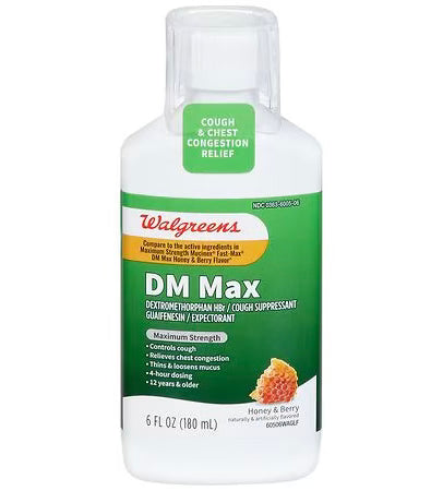 Alivio de la tos y la congestión del pecho DM de máxima potencia de Walgreens con miel y frutos del bosque, 6,0 fl oz***