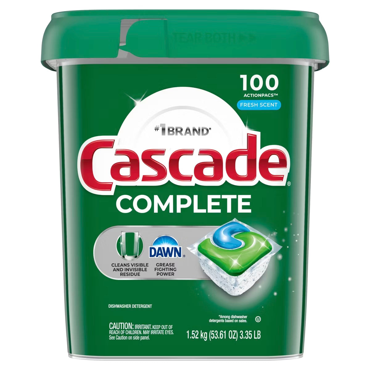 Cascade Complete Dishwasher Pods, Action Pacs Dishwasher Detergent Tabs, Fresh, 100 Count
