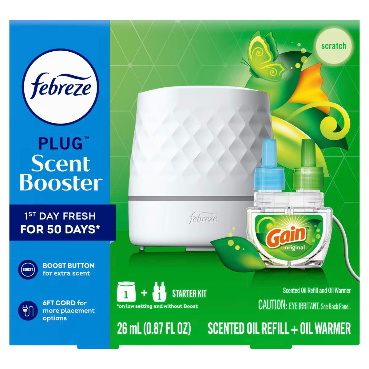 Febreze Plug Scent Booster, Air Freshener, Scented Oil Diffuser, Gain, Starter Kit + 1 Refill