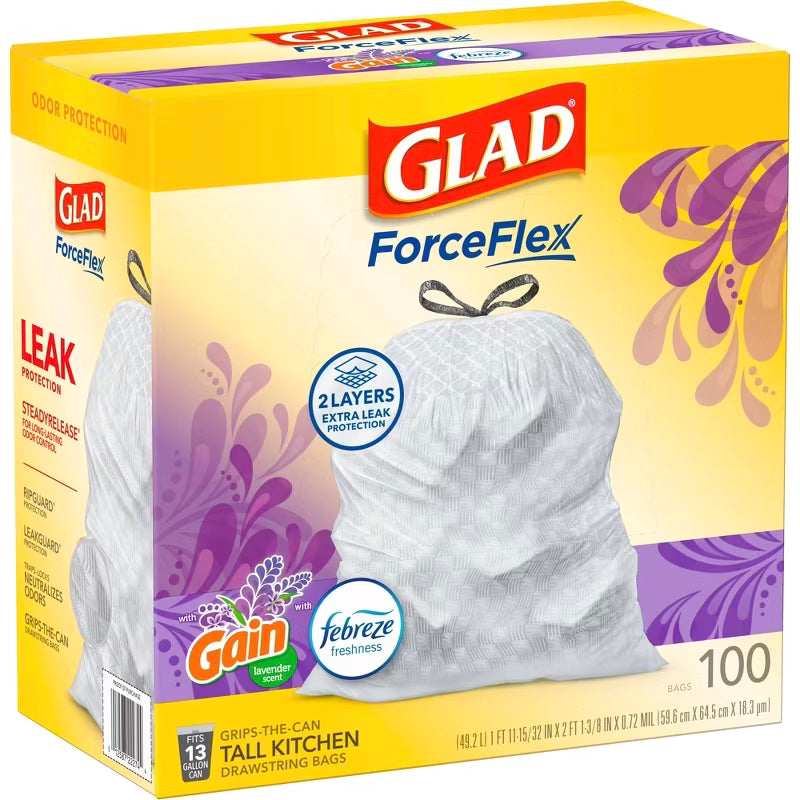 Glad ForceFlex Tall Kitchen Drawstring Trash Bags - Febreze Lavender - 13 Gallon 100ct