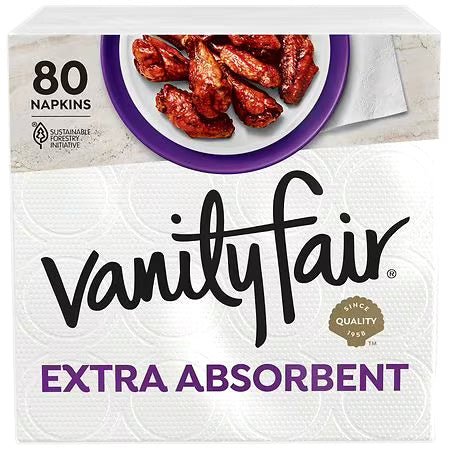 Vanity Fair Extra Absorbent Paper Napkins, 80 Count, White, Soft and Strong Disposable Napkins